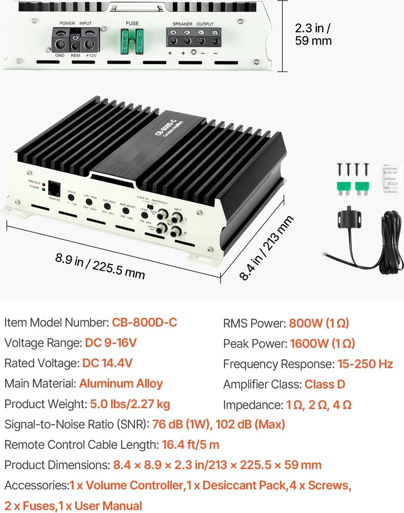 Ampli voiture mono pour caisson de basse 800W avec télécommande déportée - 7