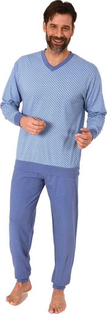 Herren langarm Schlafanzug mit Bündchen Pyjama in eleganter Minimalprint Optik ; hellblau1 , 56