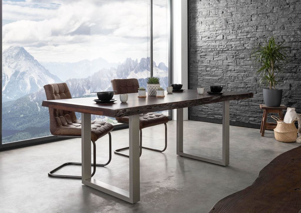 MASSIVMOEBEL24 Baumtisch Akazie 220x100x77 braun lackiert / U-Beine silber matt FREEFORM 5