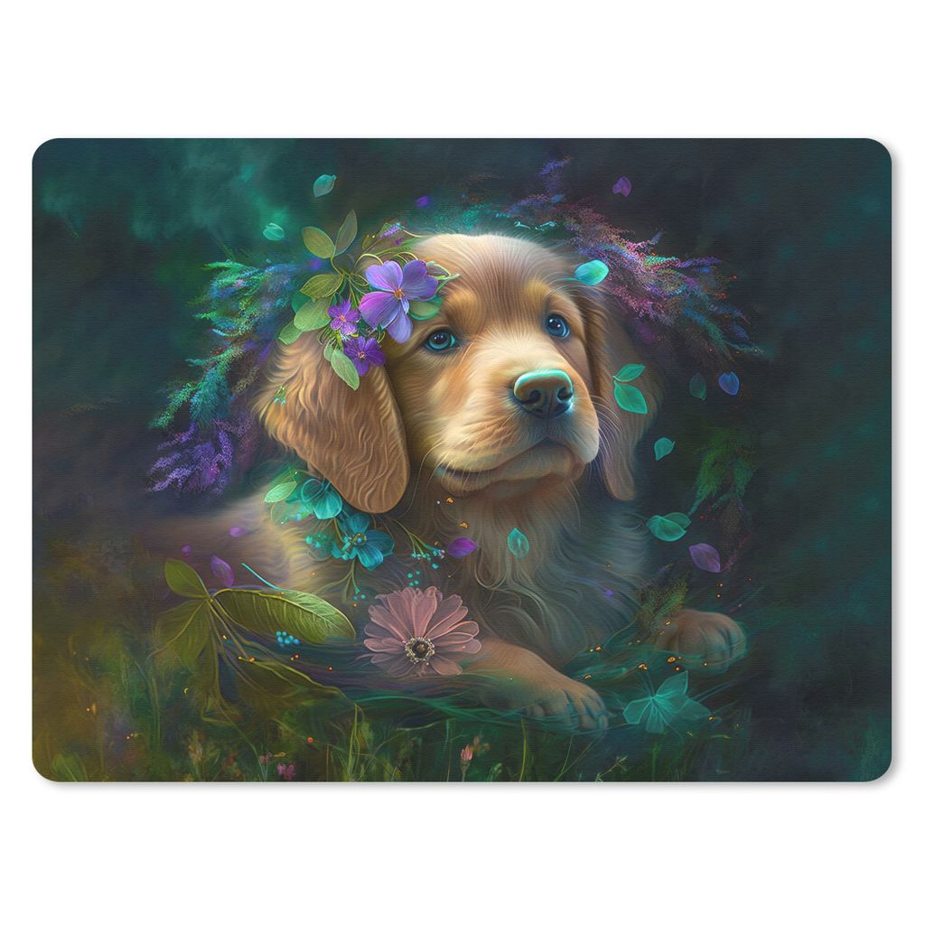 MuchoWow Mauspad Mousepad Hund - Welpe - Blumen - Natur - Golden Retriever 40x30 cm - Mousepads - Maus Mat - Pad - Mausunterlage - Anti Rutsch