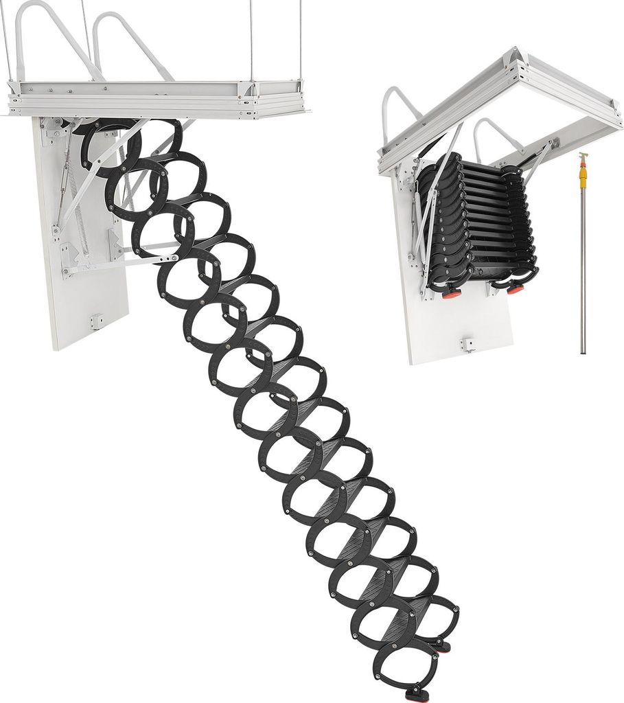 Two attic ladders are shown against a white background. One is extended and the other is retracted.