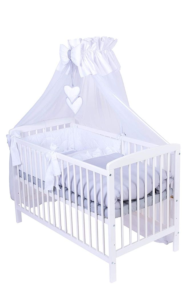 Babybett mit 10-tlg Komplett-Set Bettwäsche umbaubar zum Juniorbett Herz blau 