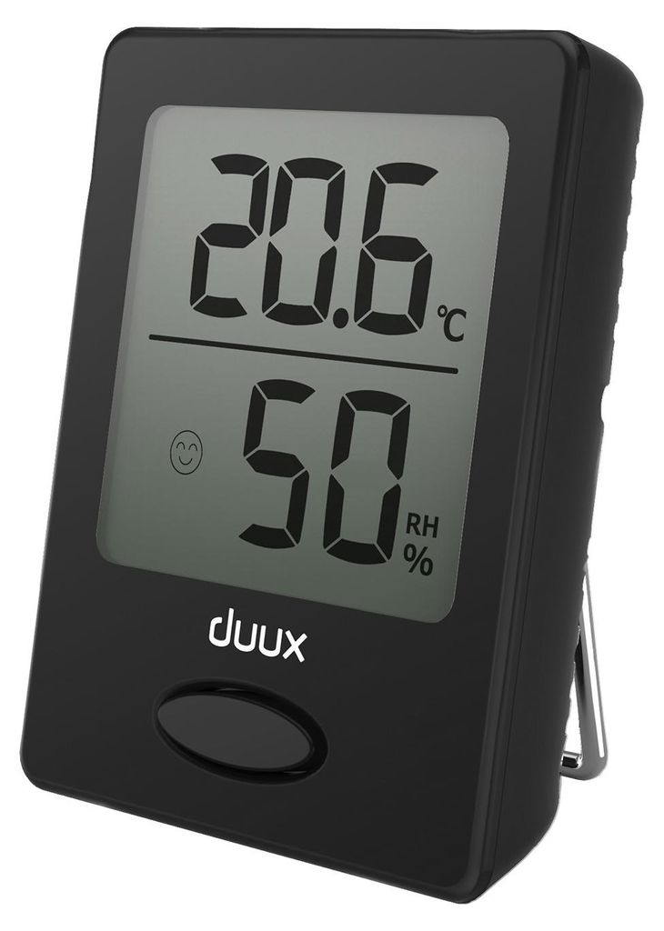 Duux Sense Hygrometer + Thermometer Schwarz | Wandschlitz | Magnetbefestigung | Tischständer | Komfort-Anzeige