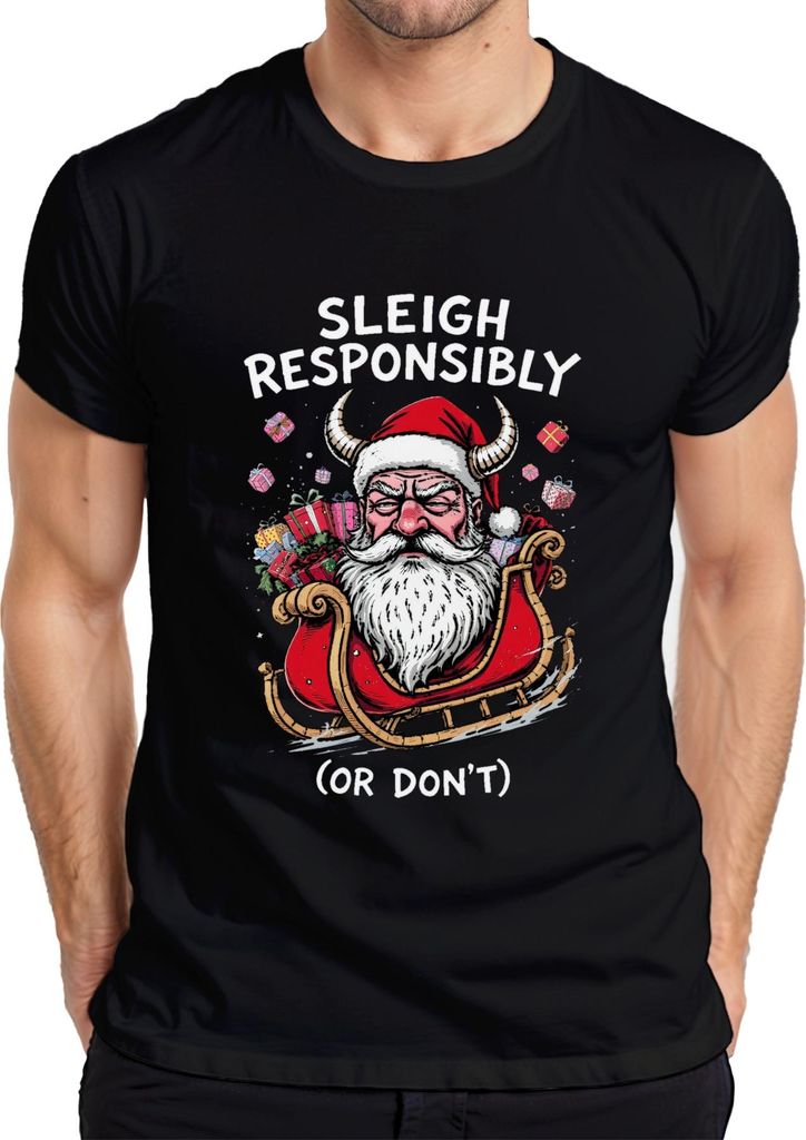 Sleigh Responsibly Or Don't Weihnachtsmann mit Hörnern Schlitten Herren T-Shirt, Schwarz, XXL