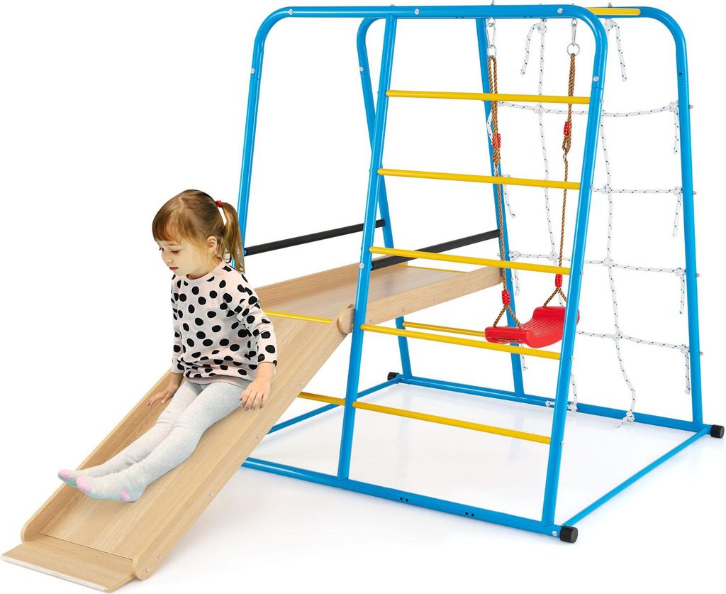 COSTWAY Klettergerüst Indoor, 6 in 1 Schaukel, Rutsche, Kletterstange, Kletterleiter & Seilwand, Kinder Spielplatz Metall für Kinder ab 3 Jahre