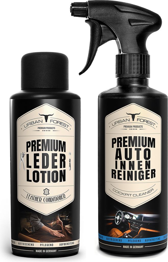 URBAN Forest Profi Autopflege Set | Leder Lotion für Auto Lederpflege + Auto Innenraum Reiniger/Cockpit Reiniger 2x500ml