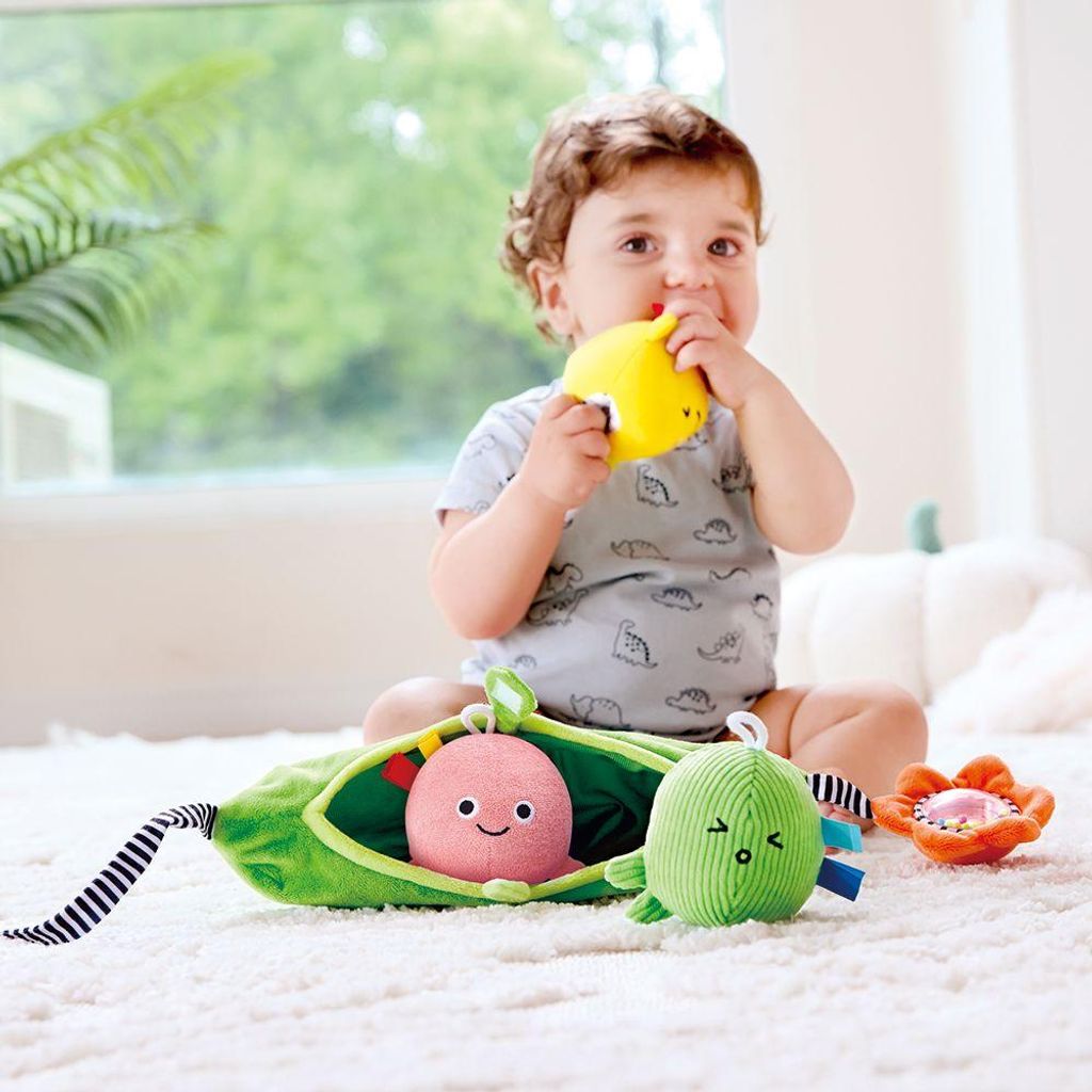 Hape sensorisches Babyspielzeug Pea Pod Pals mit Clip-On-Pod