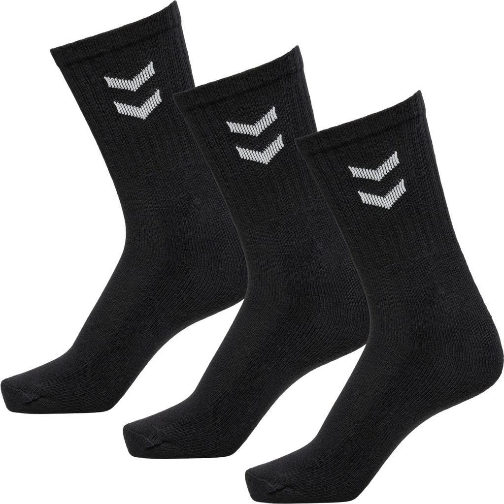 Three black socks with white logos are arranged diagonally on a white background.
