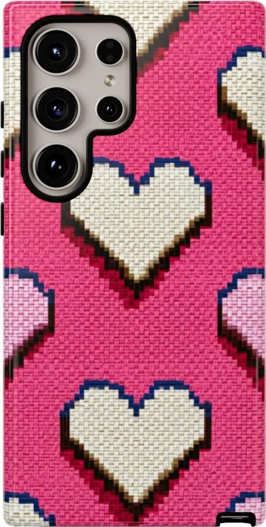 Pixelherzen in Weiß und Rosa – Hülle Kompatibel mit Samsung Galaxy S24 Ultra