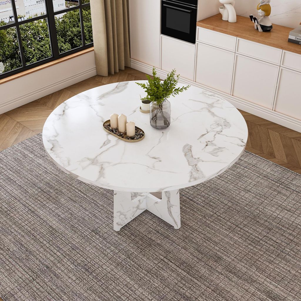 Tavolo rotondo da pranzo okwish, con piano in effetto marmo Immagine del prodotto 