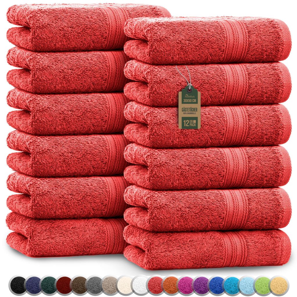 Frottier Gästetücher 12er Pack 30x50cm, 100% Baumwolle, Rot