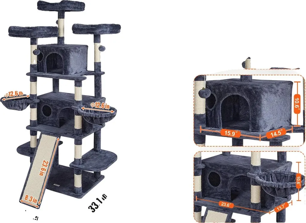 Arbre à chat multi-niveaux gris foncé : centre de jeux avec deux niches