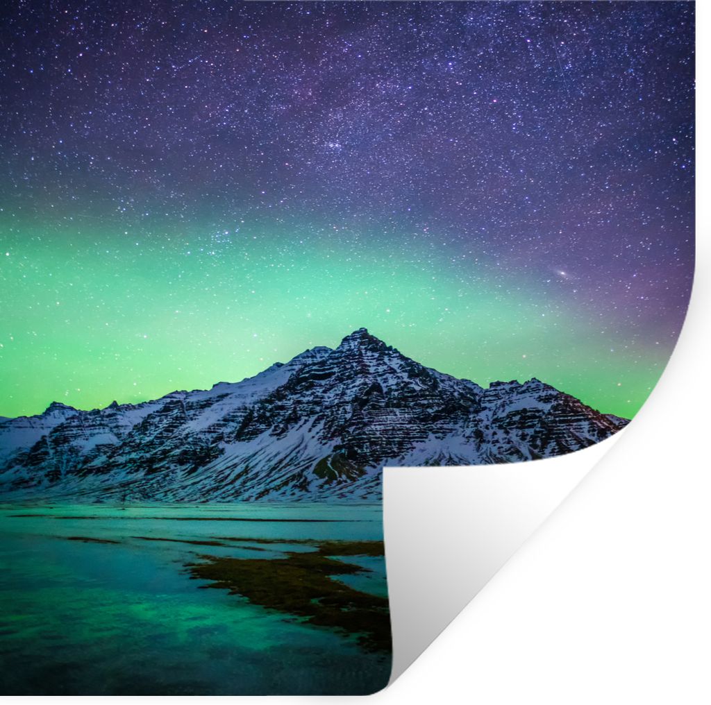 MuchoWow Wandtattoo Wandsticker Wandaufkleber Berg - Nordlichter - Schweden - Schnee - Grün - Winter 30x30 cm Selbstklebend und Repositionierbar...