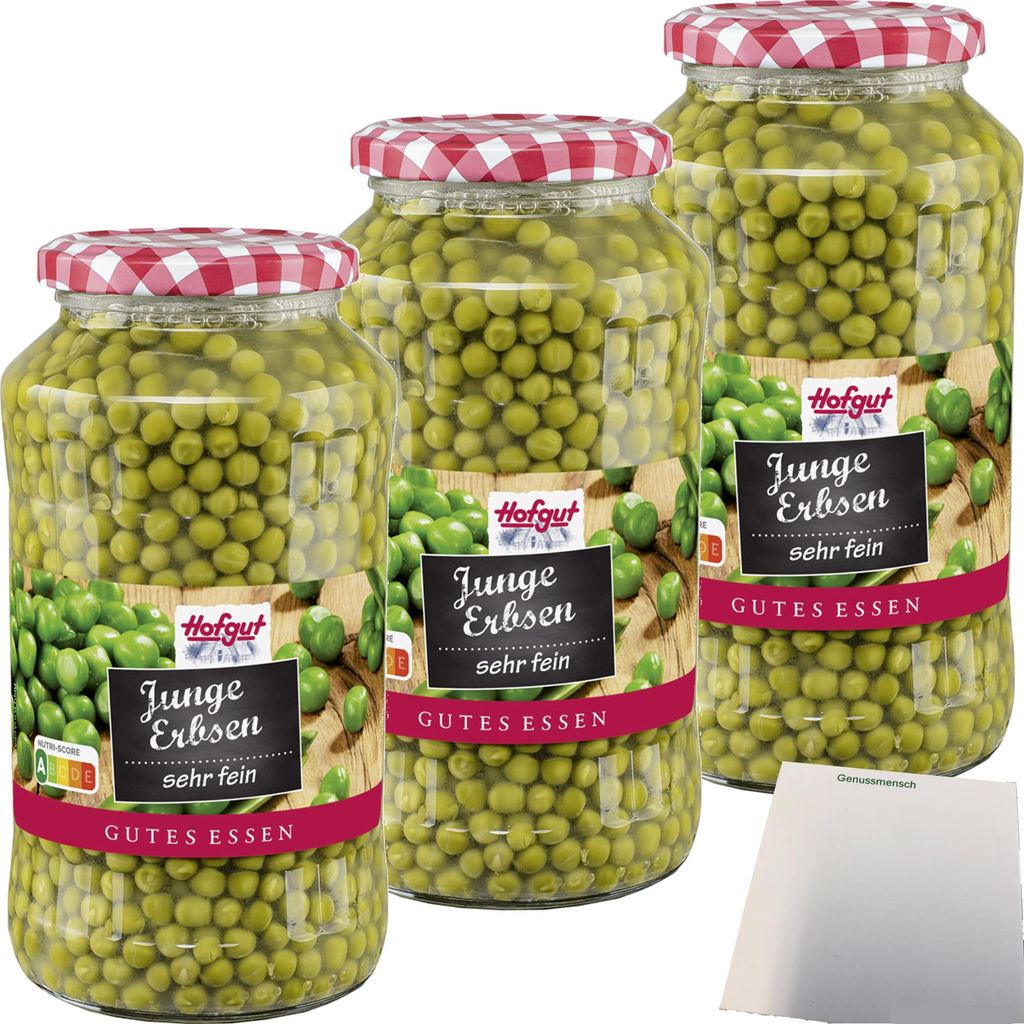 Hofgut Erbsen sehr fein 3er Pack (3x720ml Glas) + usy Block