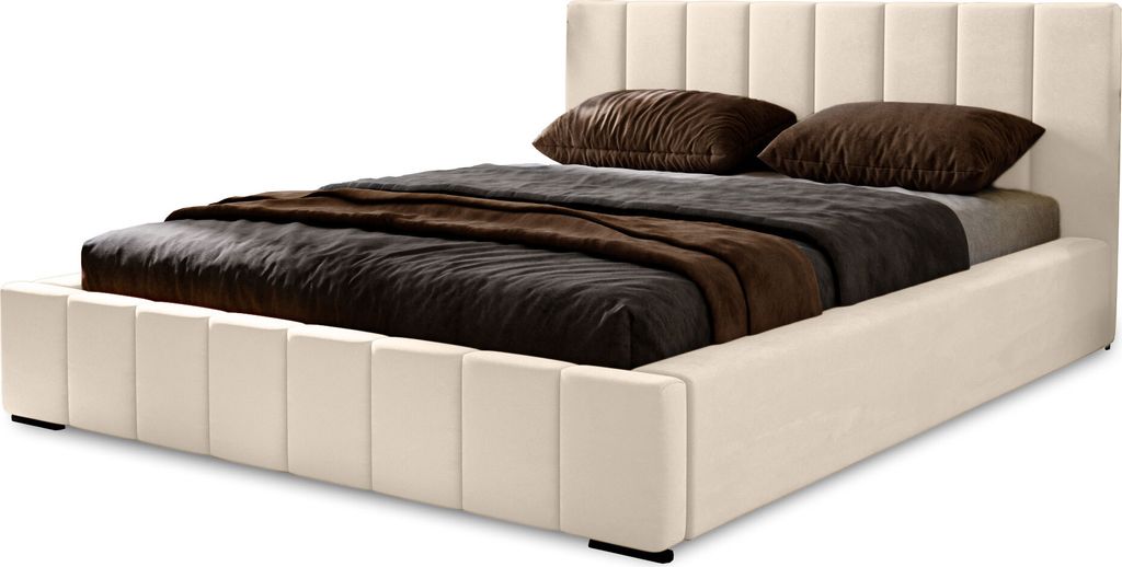 Polsterbett Nero 140x200 cm, Bett mit Kopfteil, Doppelbett mit Bettkasten und Lattenrost aus Holz, Velourstoff: Beige