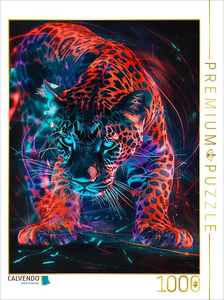 CALVENDO Puzzle Leuchtender Leopard in Rot und Türkis | 1000 Teile Lege-Größe 64x48cm Foto-Puzzle für glückliche Stunden