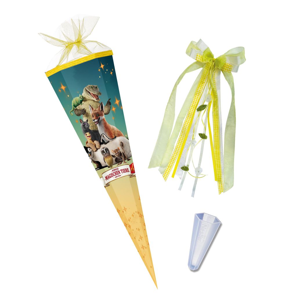 Nestler Schultüte Schule der magischen Tiere, 85 cm 6-eckig mit Tüll, inkl. Schleife und Spitzenschutz