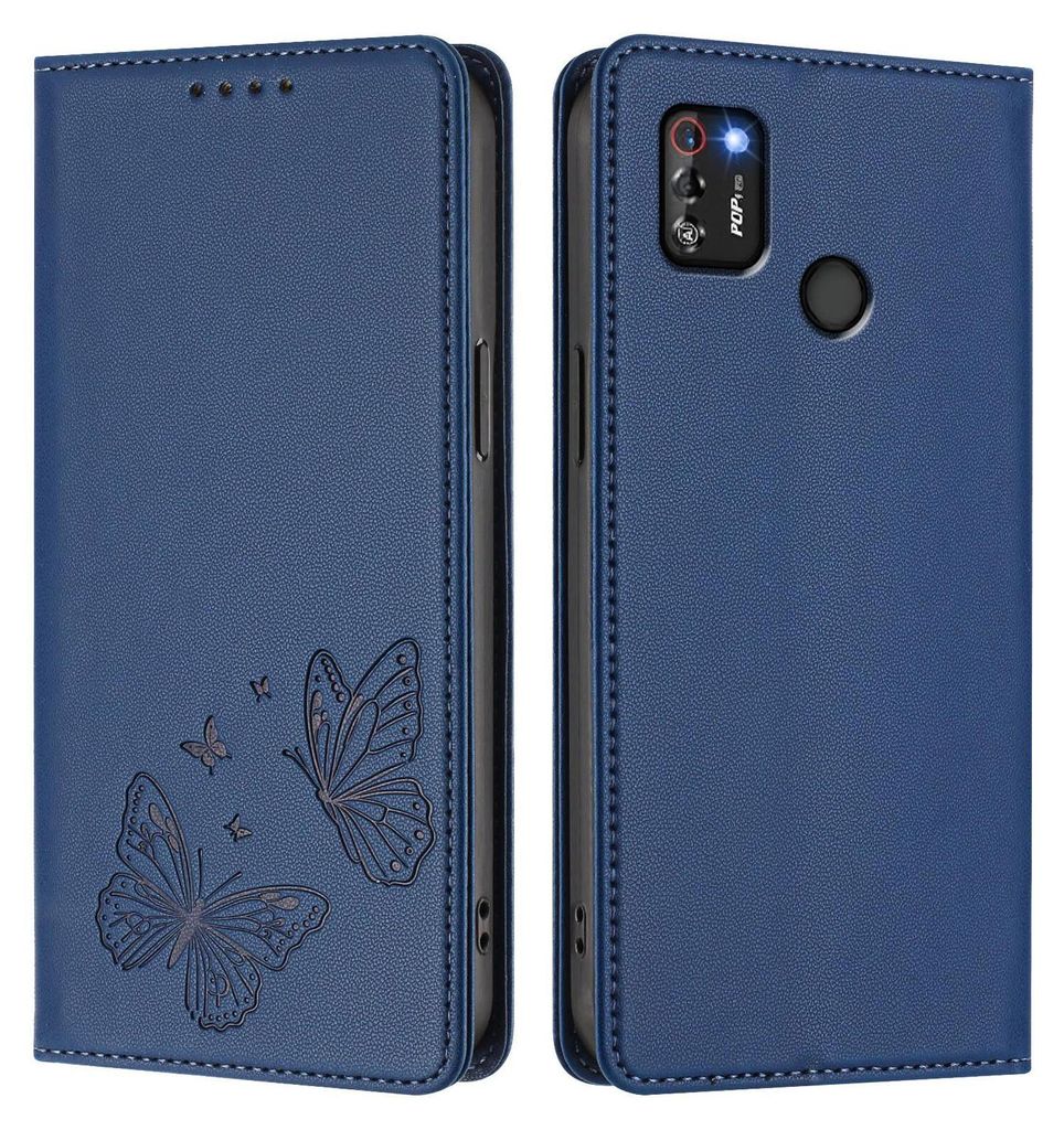 Lederhülle für Tecno Pop 4 Pro, Schmetterling Prägung Leder Brieftasche Schutzhülle mit Ständer Dunkelblau