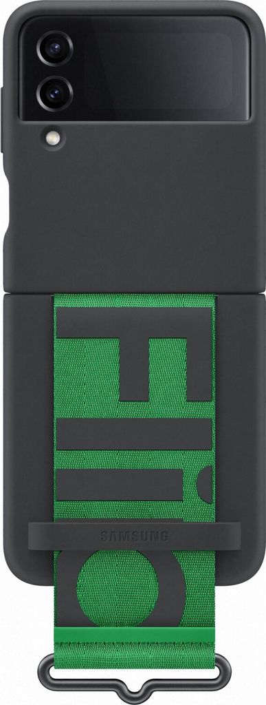 A black phone case with a green strap is shown.