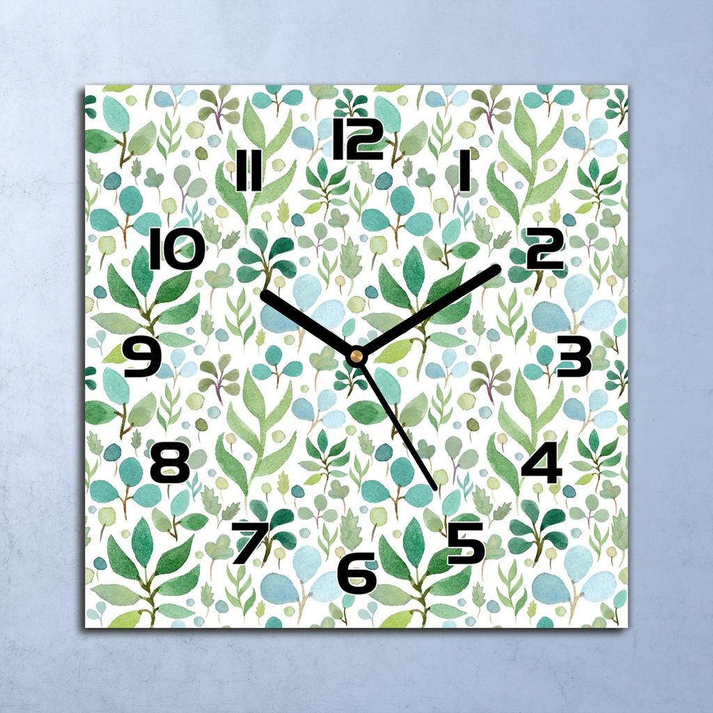 Wanduhr Echt-Glas-Küchenuhr Aquarell Blätter Quarz Lautlos 30x30 Deko Bilder