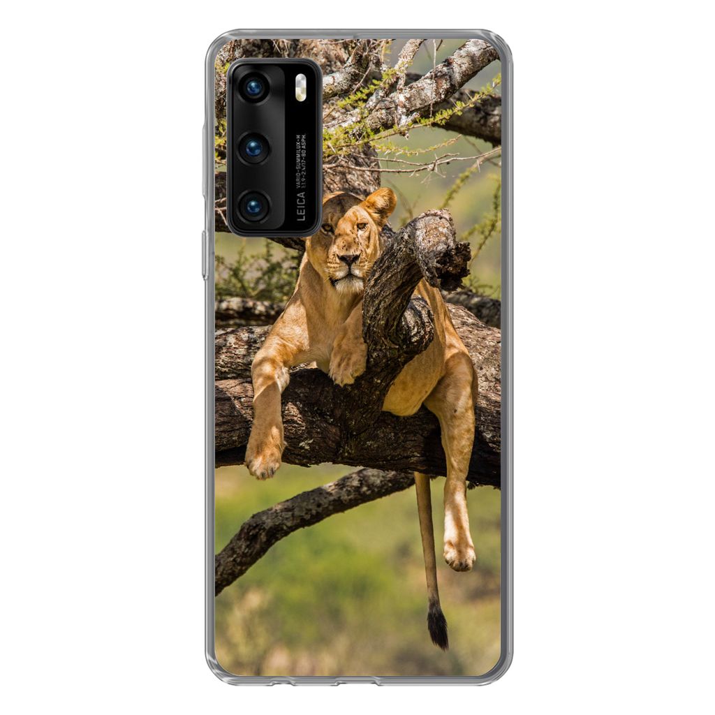 MuchoWow Handyhülle Schutzhülle Hülle für Huawei P40 Löwe - Baum - Braun Silikon Softcase Handy Hülle - Handytasche