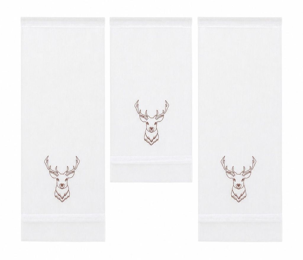 Design Mini Flächenvorhang Set weiß bestickt Hirsch braun Produktbild 
