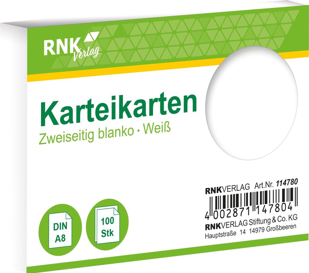 RNK Verlag 114780 Karteikarten - DIN A8, blanko, weiß, 100 Karten