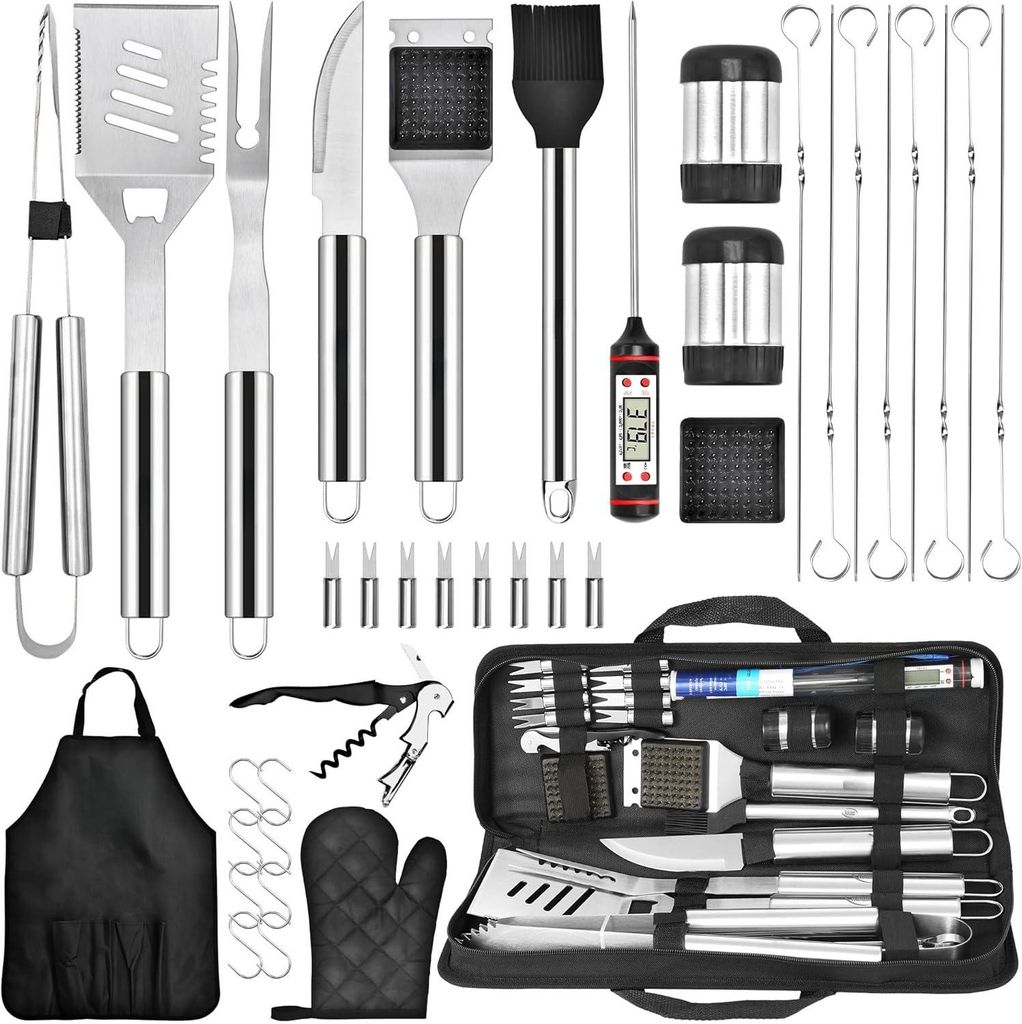 Grillzubehör-Set 30-tlg. – BBQ Tools mit Zange, Spachtel, Pinsel, Fleischmesser, Handschuh & Tragetasche, Edelstahl, robust, leicht, perfekt fü...