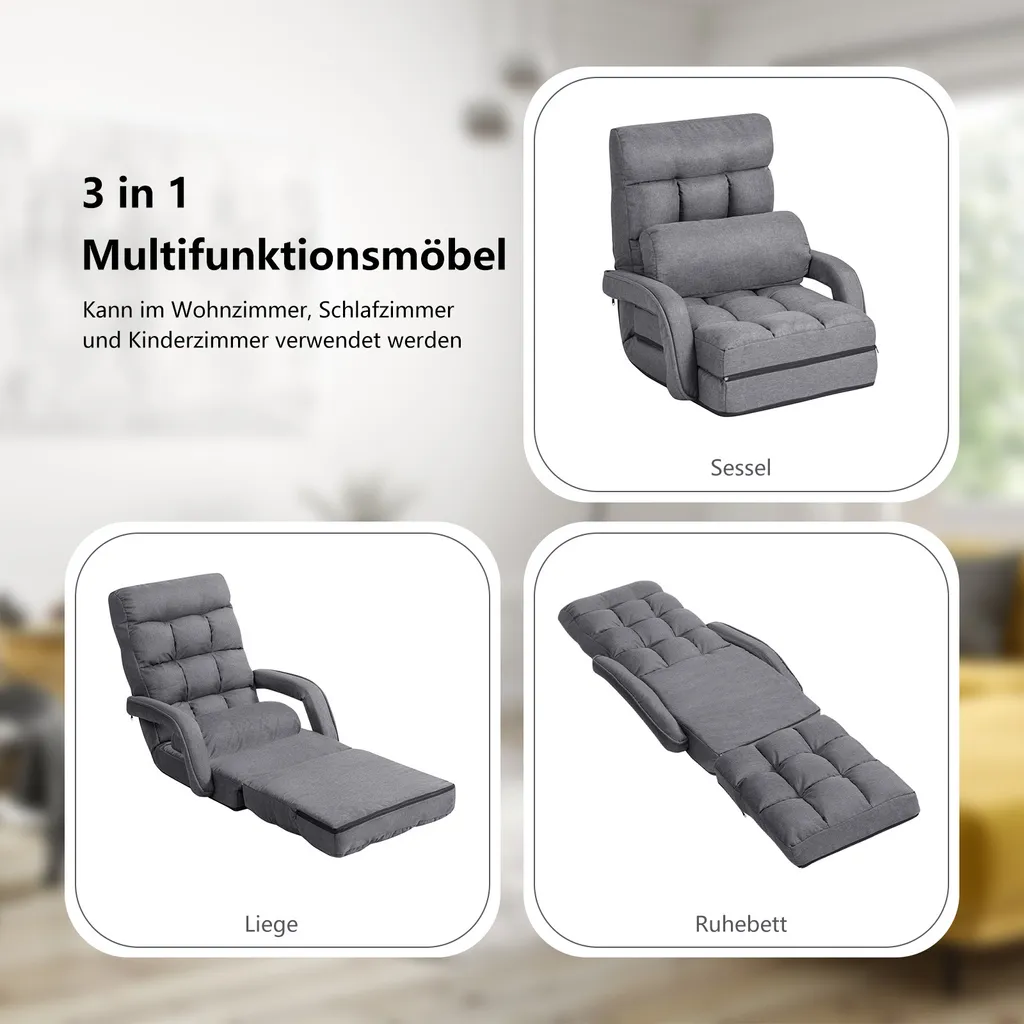 Canapé de sol pliable gris : solution gain de place et confort dos réglable