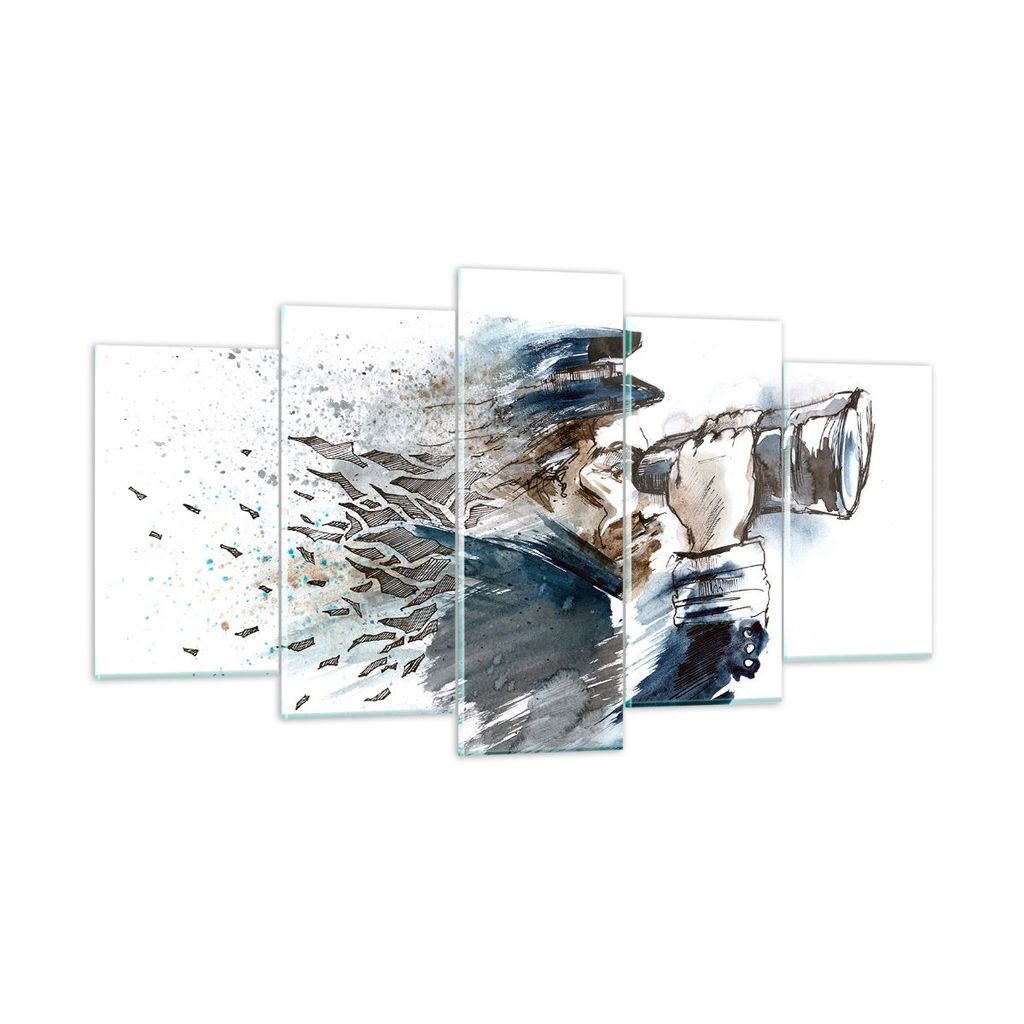 Bilder auf glas - Kopf Illusion Fernglas Mann - 160x85cm - Glasbilder - Wandbilder - Kunstdruck - zum Aufhängen bereit - Wanddekoration aus Glas -...