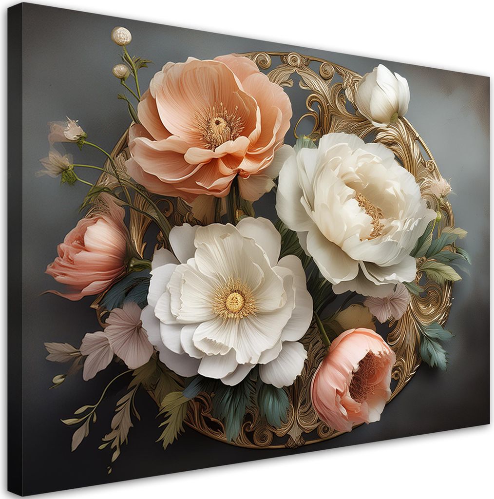 Leinwandbild Natürliche Blumen Glamour 90x60 Feeby Grau bild für die wand bereit zum aufhängen