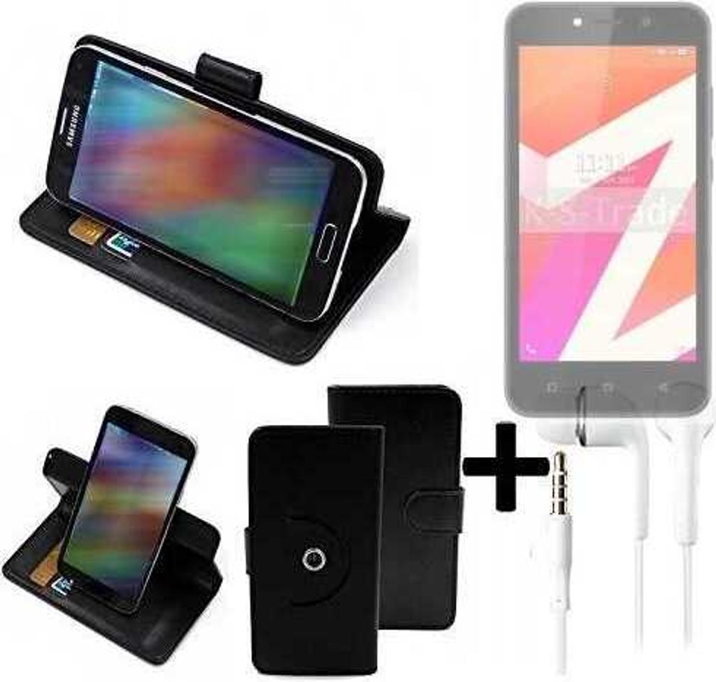 K-S-Trade Handy Hülle Schutz Hülle + Kopfhörer kompatibel mit Lava Z1s Handyhülle Flipcase Smartphone Cover Handy Schutz Tasche Walletcase schwarz