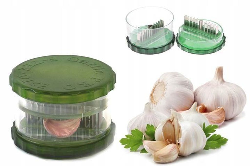A collage of a garlic press and fresh garlic bulbs.