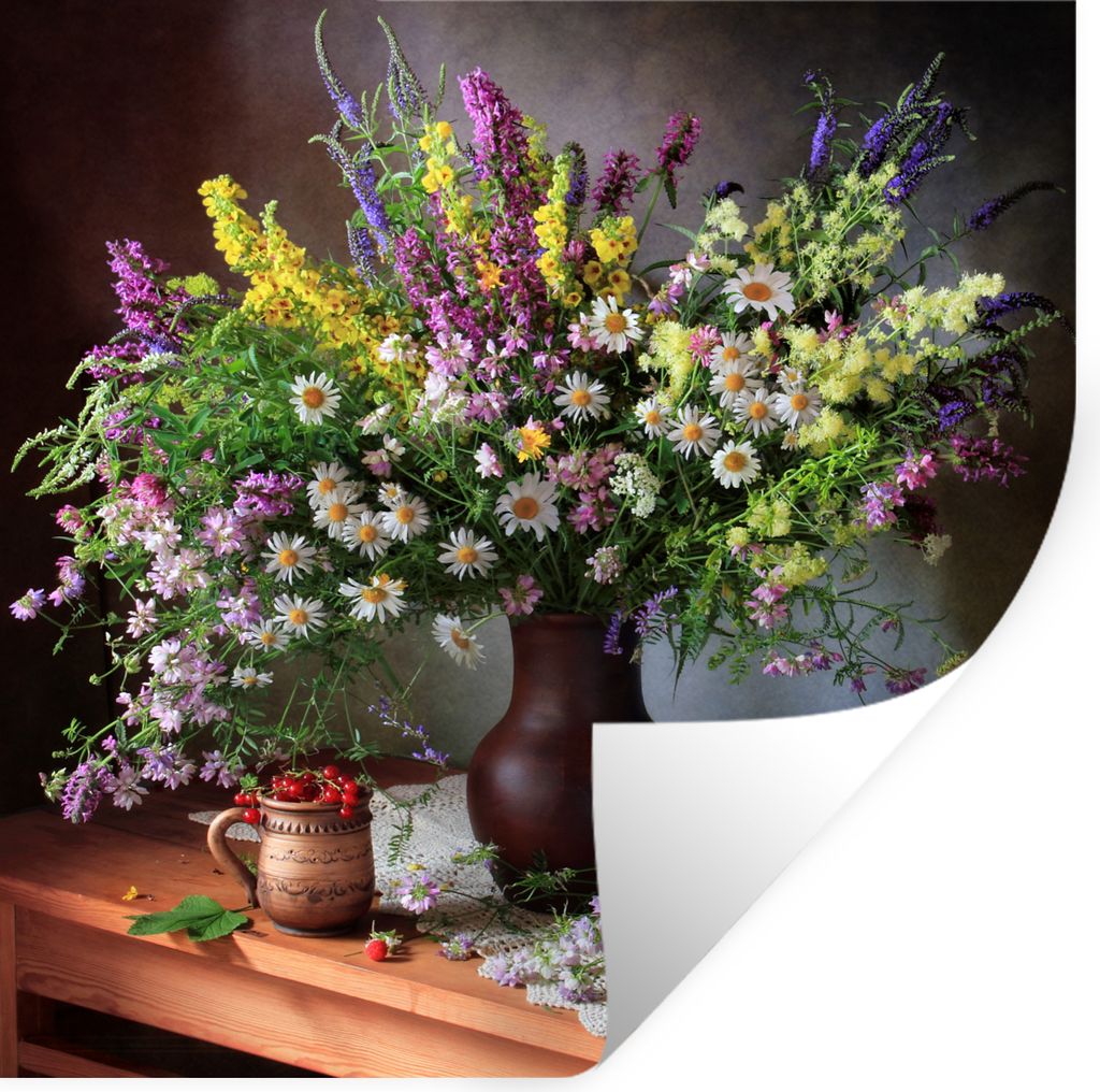 MuchoWow Wandtattoo Wandsticker Wandaufkleber Blumen - Tisch - Stilleben - Blumenstrauß - Vase 100x100 cm Selbstklebend und Repositionierbar - W...