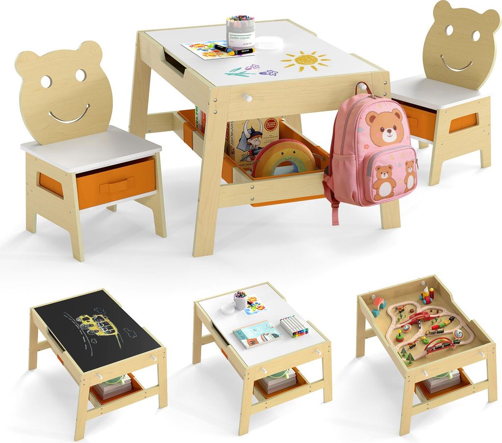 COSTWAY Kindertisch mit 2 Stühlen, Maltisch 5 in 1 mit Tafel, Whiteboard, 4 Haken & Stoffbehältern, Kindersitzgruppe für Kinder ab 3+, Natur