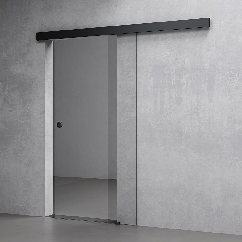 Mai & Mai Glasschiebetür komplettset softclose Schwarz Klarglas, Griffart: Muschelgriff, BxH: 77.5x205cm, 15 mm Wandabstand, 8mm ESG-Sicherheitsglas