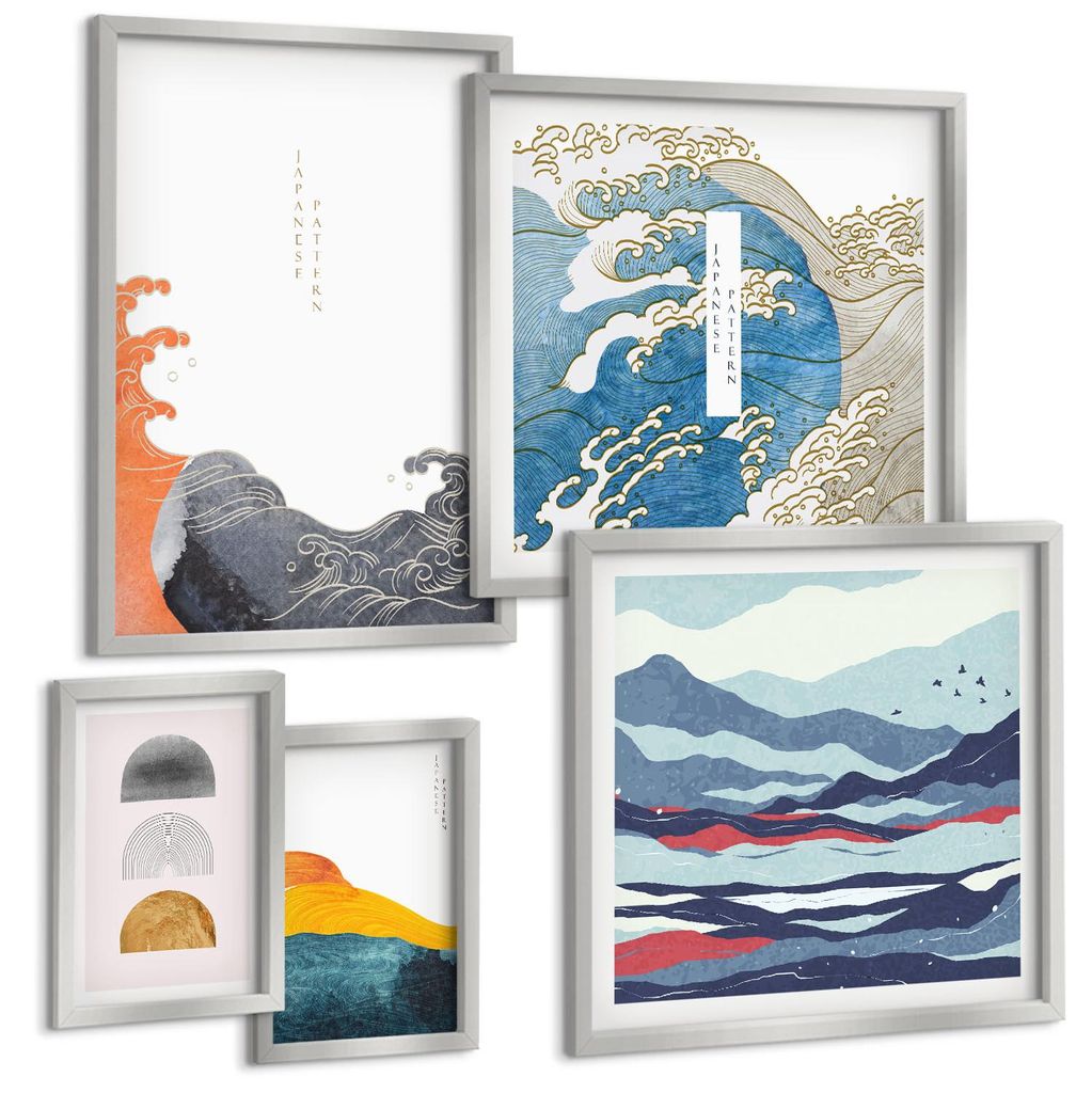 Bilder Set 5-teilig im silbergerahmten Rahmen – Wandbilder 5 Stück – gerahmte Poster für Wohnzimmer, Schlafzimmer und Flur – 50x50 cm - 40x...