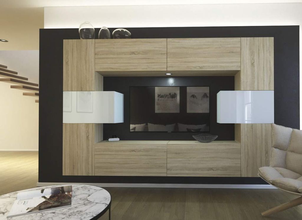 Furnitech Wohnwand Wohnzimmer - Wohnzimmer Möbel mit LED RGB - 16 Farben - Hängend Wohnwand Modern - Regale und TV Schrank (Monaco AN4-17SW-HGM41...