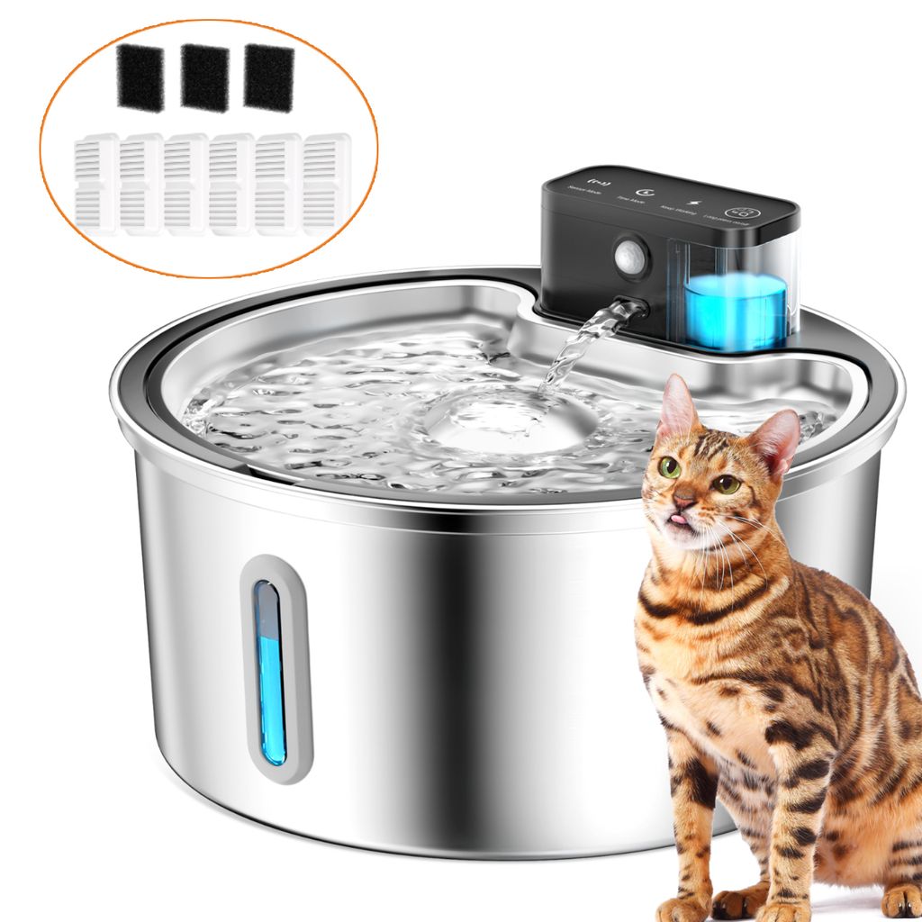 Katzenbrunnen, 3.2L Edelstahl Trinkbrunnen für Katze Kabellos Leise Trinkbrunnen, Wasserbrunnen für Katzen Hunde mit Automatisch, mit 6 Filters