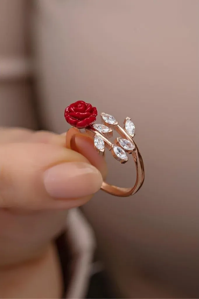 Anneau ajustable fleurs de rose argent 925 avec cristaux brillants