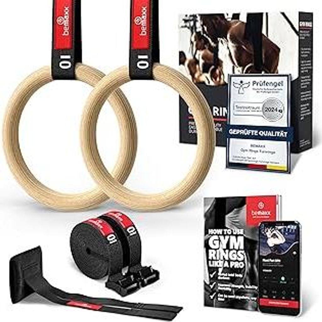 BeMaxx Turnringe Holz Gym Rings + Tür& Trainings-eBook – Olympische Gymnastik Holzturnringe & Gurte + Markierungen | Turnerringe Gymnastikringe ...