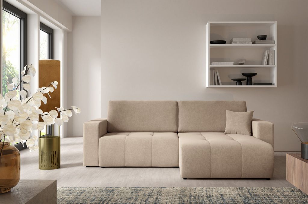 Ecksofa Sofa mit Schlaffunktion AUGUSTO in Stoff Wind Beige Ottomane Rechts