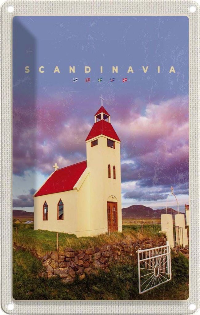 vianmo Blechschild 30x20 cm Skandinawien Haus Urlaub rot Dach Wiese Natur Bildmotiv Reisemotiv Abenteuer Reisen