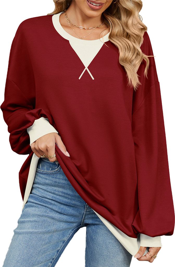 ASKSA Damen Sweatshirt Oversized Farbblock Rundhals Casual Langarmshirt Oberteile Herbst Y2K Shirt (Weinrot,S)