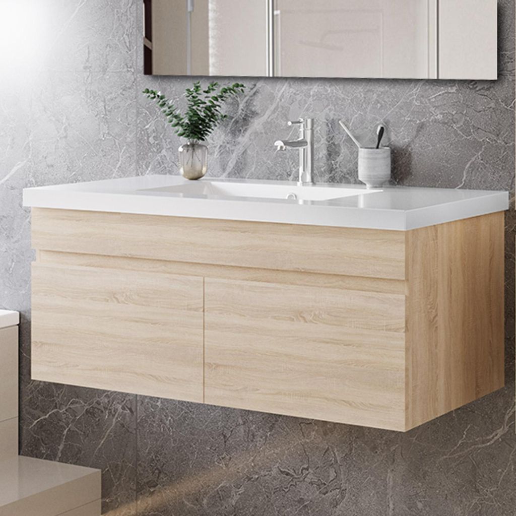 100cm Mineralguss Waschtisch mit Unterschrank Badmöbel Set mit Türs Soft-close - Eiche Matt