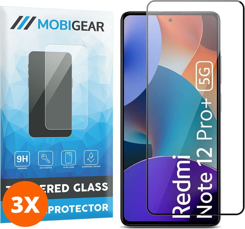 Mobigear Premium 9.98 Xiaomi Redmi Note 12 Pro Plus Panzerglas Gehärtetes Glas Displayschutz - Hüllenfreundlich - Schwarz (3er Pack)