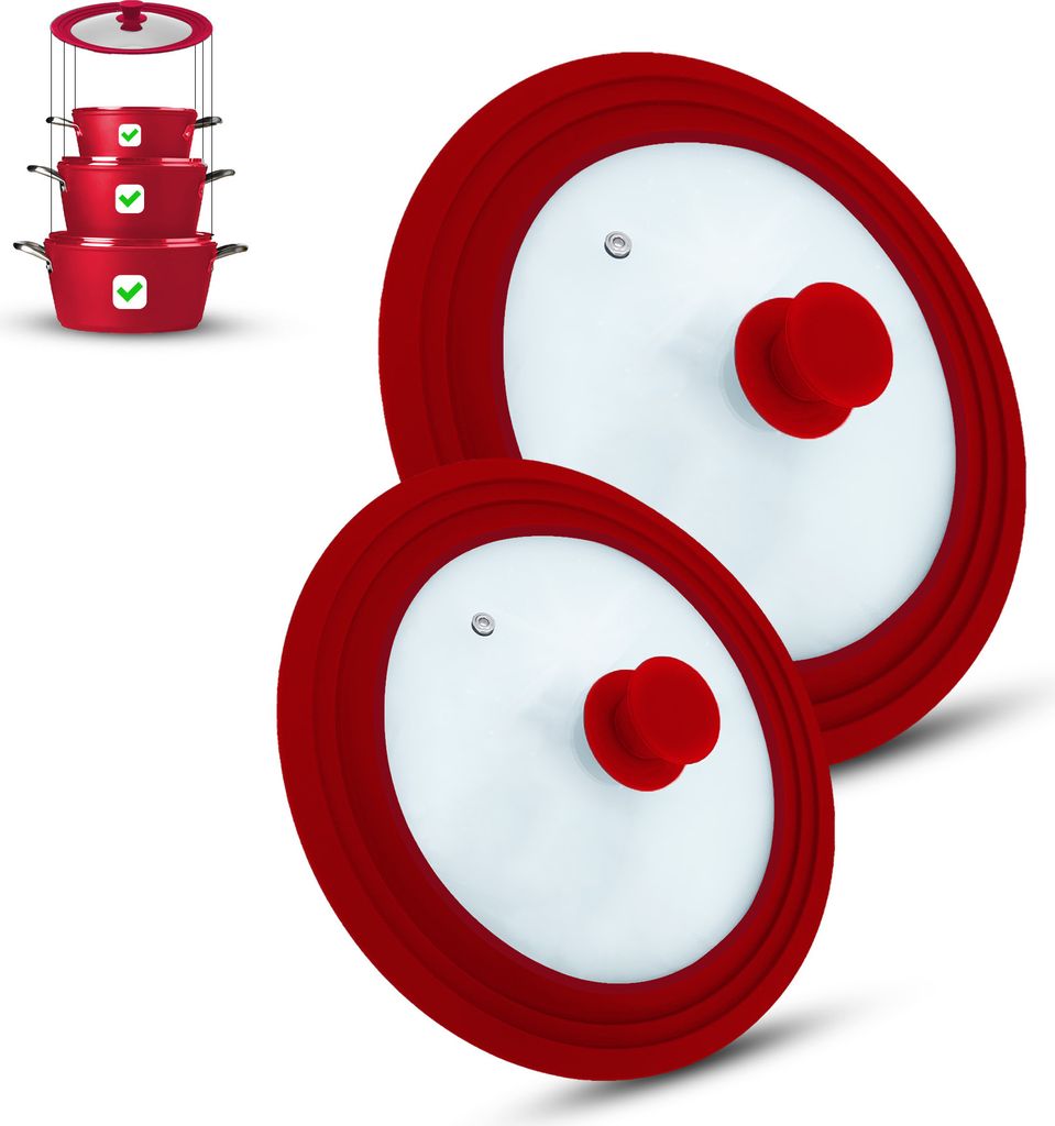 Universal Glasdeckel, Glasdeckel, Deckel, Töpfe und Pfannen, mit Auslassventil und Silikonrand. (2er Set,Rot)
