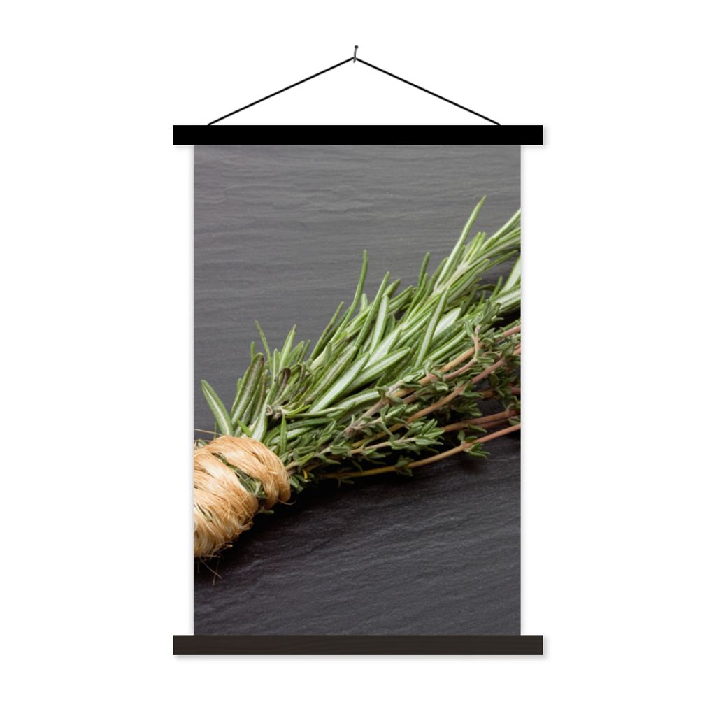 MuchoWow Textilposter Thymian - Kräuter - Grün - Tisch - Küche - Stein 120x180 cm mit schwarzem Rahmen - Fotos