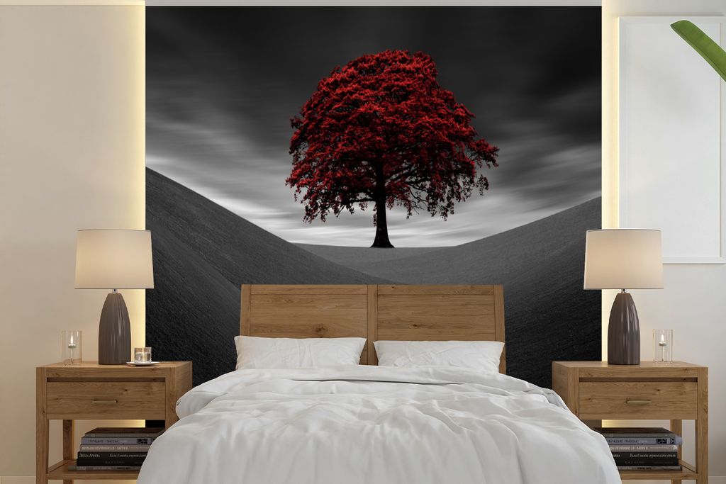 MuchoWow Fototapete für Wohnzimmer oder Schlafzimmer Wandtapete Vinyl Motivtapete Schwarz-Weiß-Foto mit einem roten Baum - 300x300 cm - Wanddek...