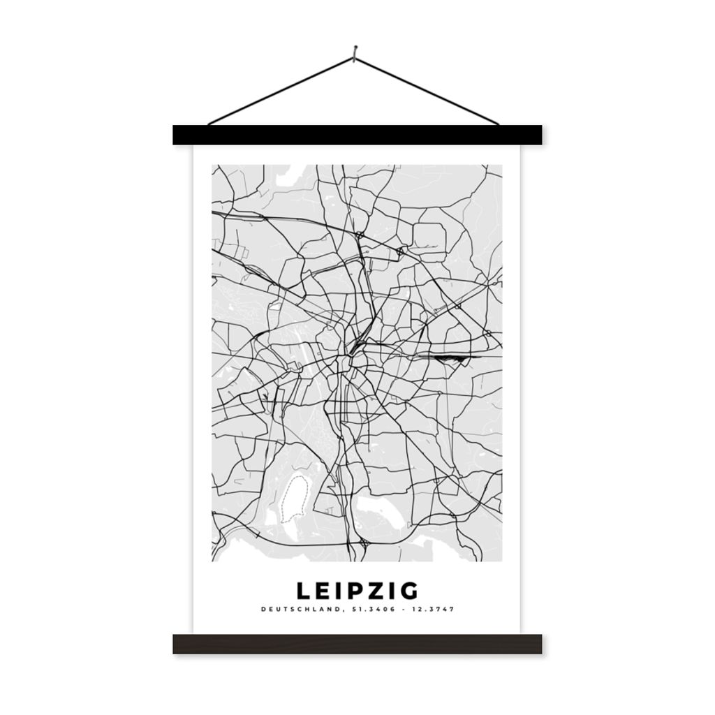 MuchoWow Textilposter Leipzig - Stadtplan - Deutschland - Karte 60x90 cm mit schwarzem Rahmen - Poster Wohnzimmer